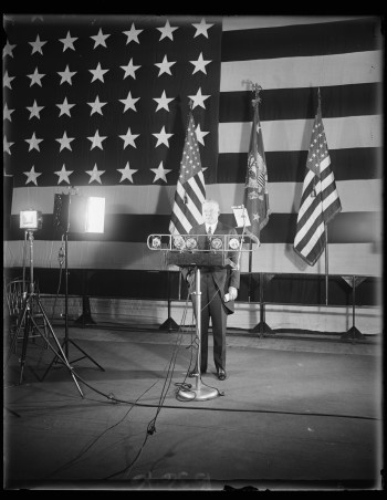 President Herbert Hoover presents his Armistice Day address at the American Legion Exercises in Washington, D.C., on Nov. 11, 1929. His message was relayed by radio through the United States and Europe. Courtesy of the Library of Congress, LC-DIG-hec-35570.