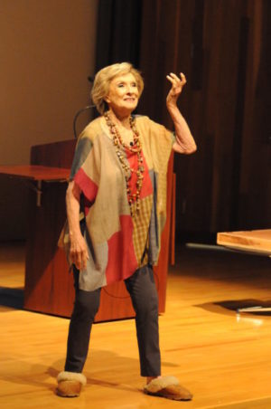 Legendary actress and Des Moines native Cloris Leachman returned to her hometown for four events Aug. 27-28, including “Hollywood Backstories” at the State Historical Museum of Iowa on Aug. 27, where she demonstrated her famous comedic wit onstage in front of a packed theater audience, pressed her handprints into a cement tile and answered questions about her career and life in Des Moines. Photo by Michael Swanger/Iowa History Journal