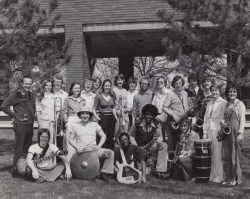 Robert Weast founded the Drake Jazz Band in 1969. He is pictured, far left, with the Drake Jazz Band outside of Harmon Fine Arts Center in 1974. Photo courtesy of Robert Weast