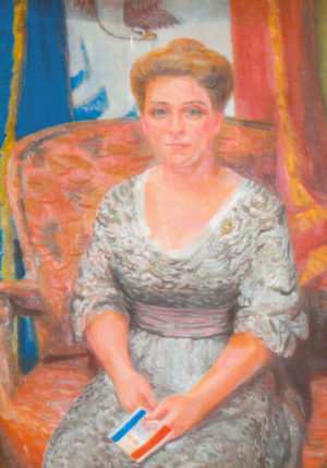 Dixie Cornell Gebhardt is credited for having helped create Iowa’s flag 100 years ago. In 1956, Drake University art professor Leonard Good painted this posthumous portrait of Gebhardt at the request of the Iowa Daughters of the American Revolution. It currently hangs in the Iowa Governor’s Formal Office. Photo courtesy of State Historical Society of Iowa